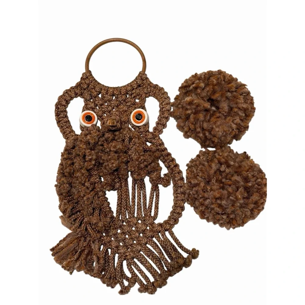 Vintage Macrame Owl Wall Hanging Decor Woodland Boho Retro Handmade MCM 70s